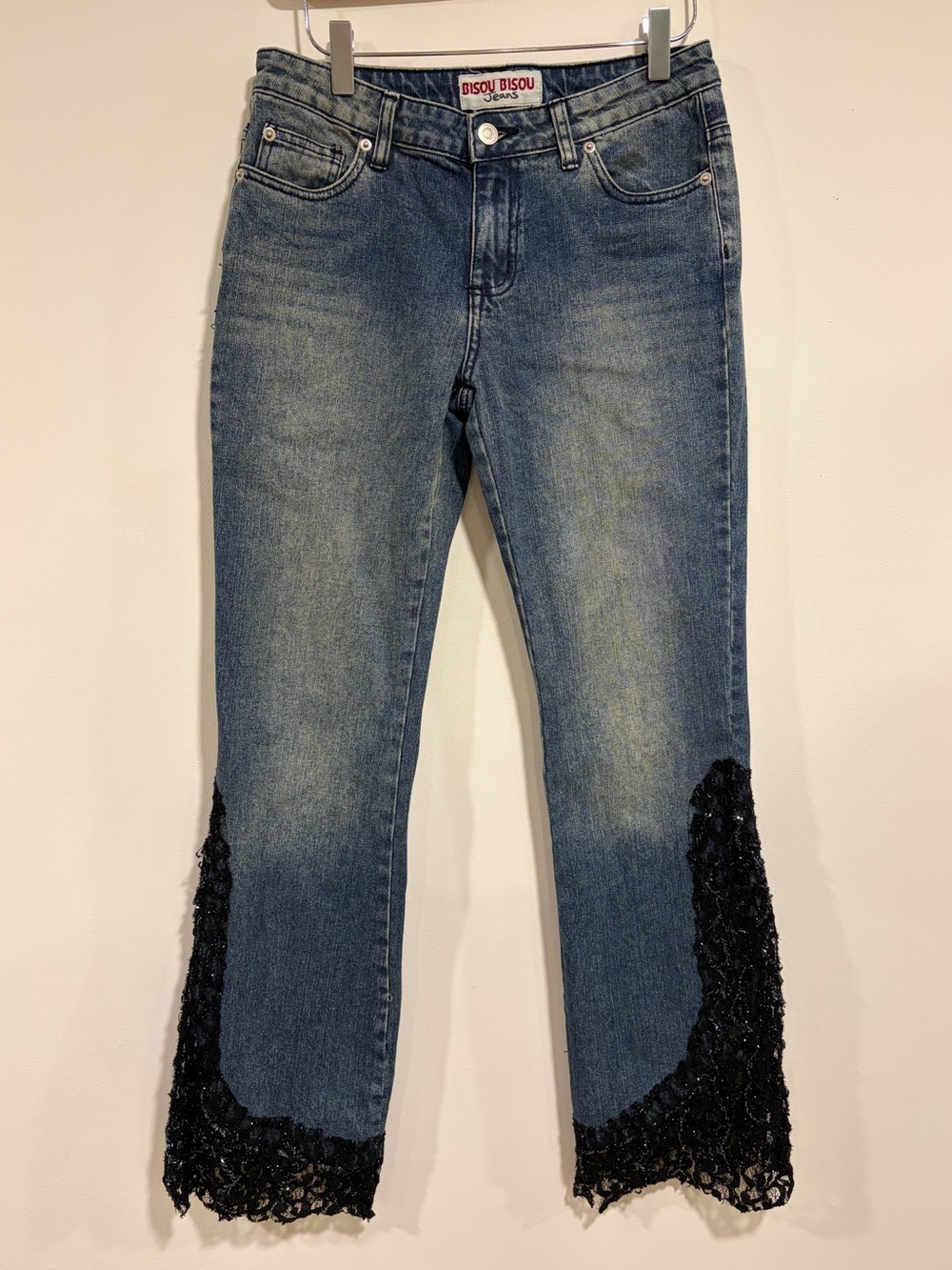 Y2K Bisou Bisou Blue Denim Jeans with Black Lace Flare